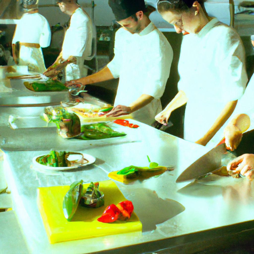 Culinary students practicing knife skills in a modern sunlit kitchen with stainless steel workstations and fresh vegetables